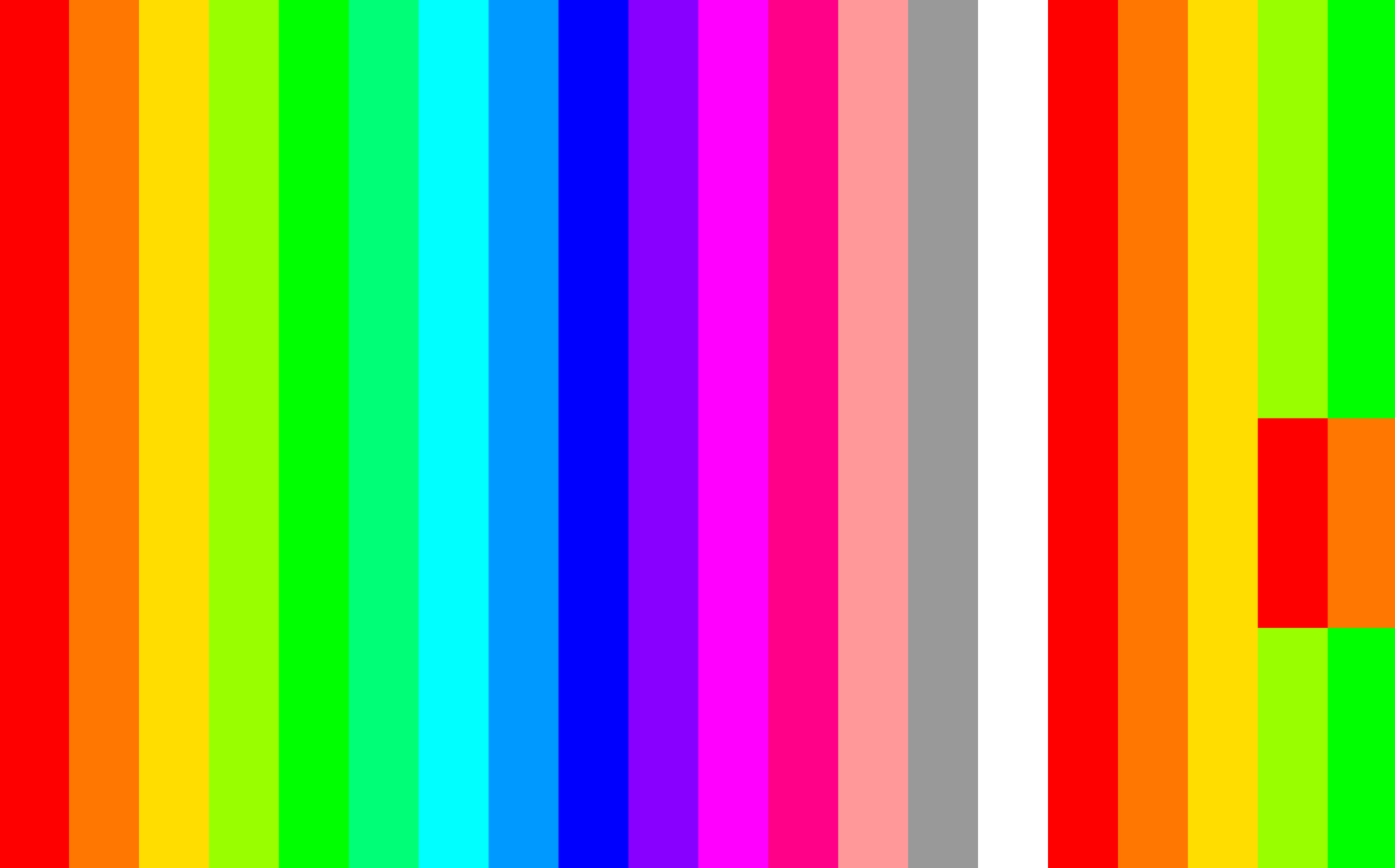 Vue de debug : le decor remplace par des barres verticales de couleur unie, une par colonne de tuiles, et un bloc rouge et orange plaque sur le bord droit au milieu des verts