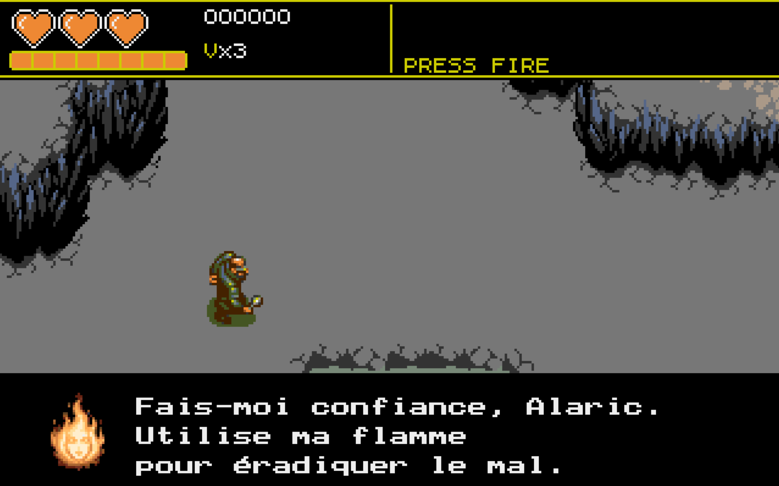 La boite de dialogue en bas de l'ecran : a gauche le portrait de la flamme de la lanterne, a droite son texte adresse a Alaric, pendant qu'il se tient au milieu du decor de carriere
