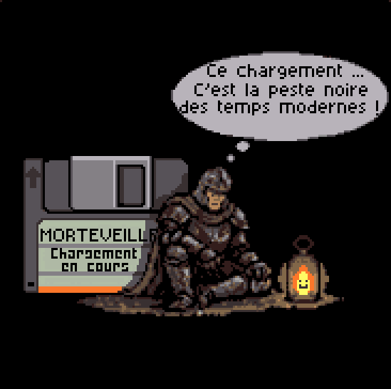 Ecran d'attente de Lore of the Ember : le chevalier assis pres d'une disquette geante et de sa lanterne, pendant le chargement