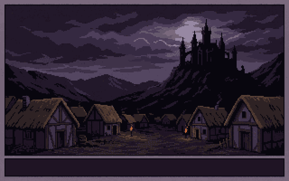 Premier plan de l'intro de Lore of the Ember : un village aux toits de chaume sous un ciel de nuit, et le chateau perche sur la montagne au fond